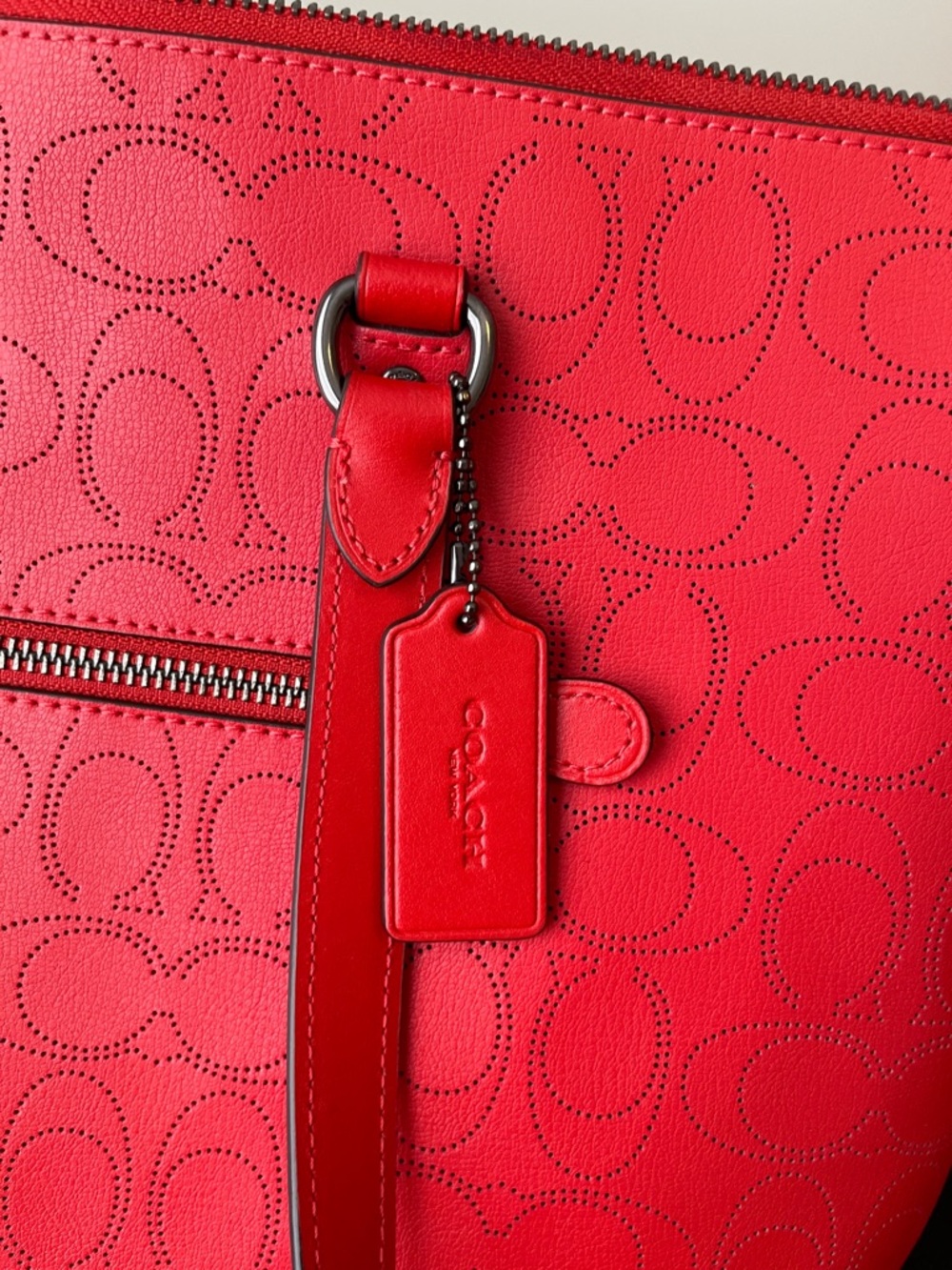 Coach Red Embossed Logo Tote with Front Zip Pocket - Picture 9 of 10